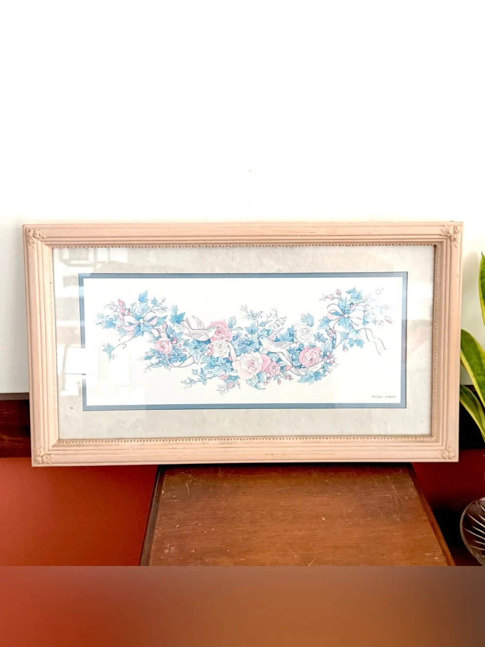 Vintage Dove & Roses Print Artwork Framed Matted Art Karen Avery Cottagecore